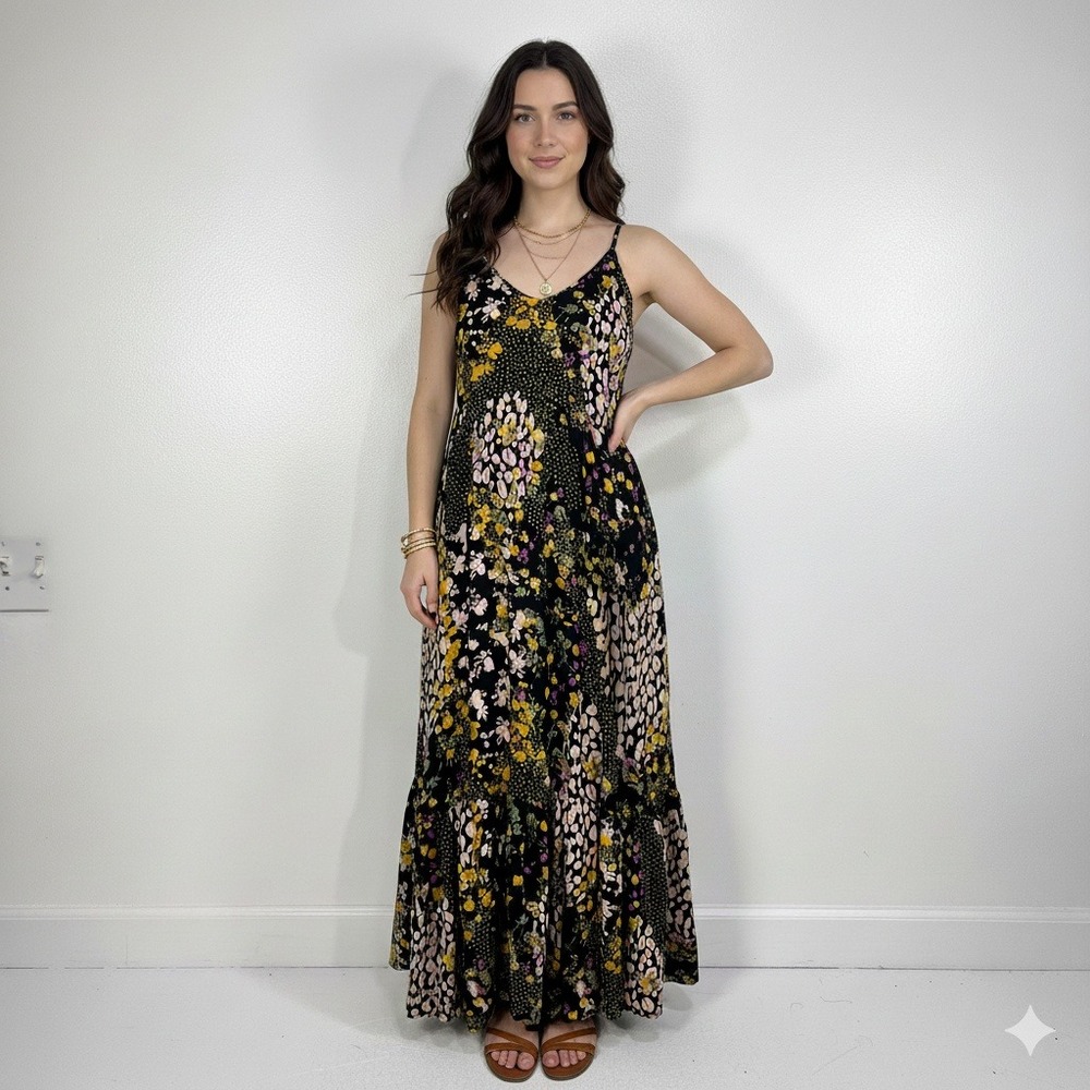 Tribal Jeans Floral Maxi Dress M‎ Boho Black Yellow Pink Summer Sundress Rayon